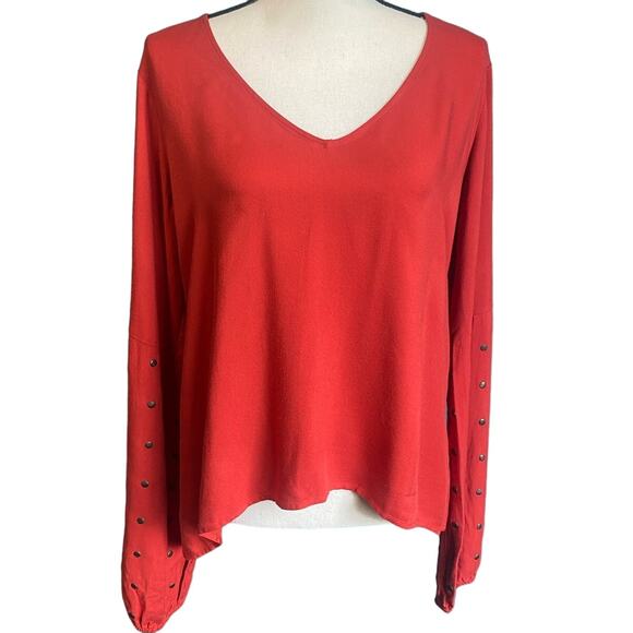 For Love & Lemons Red V-Neck Studded Balloon Sleeve Shirt Women's Medium - Picture 1 of 9